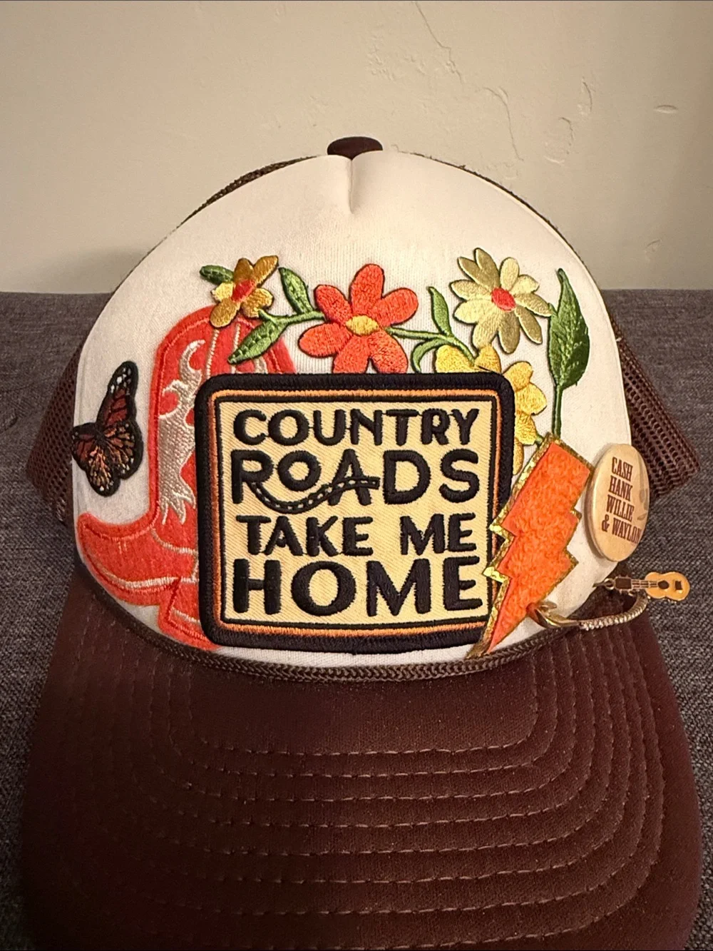 Country Roads Take Me Home Embroidered Trucker Hat - Brown & Cream
